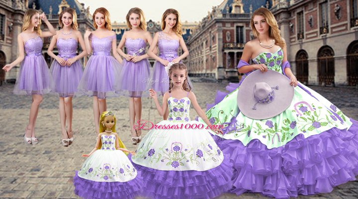 Latest Floor Length Lavender Quinceanera Dresses Satin and Organza Sleeveless Embroidery and Ruffled Layers