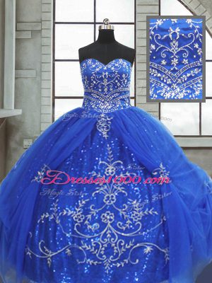 Sophisticated Sleeveless Tulle Floor Length Lace Up Quinceanera Dresses in Blue with Beading and Appliques