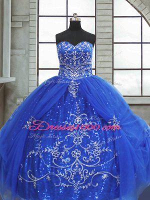 Sophisticated Sleeveless Tulle Floor Length Lace Up Quinceanera Dresses in Blue with Beading and Appliques
