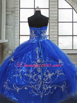 Sophisticated Sleeveless Tulle Floor Length Lace Up Quinceanera Dresses in Blue with Beading and Appliques