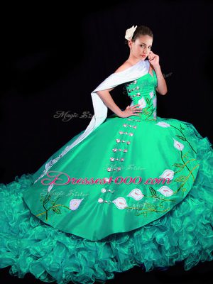 Decent Lace Up Quinceanera Dresses Turquoise for Military Ball and Sweet 16 and Quinceanera with Embroidery and Ruffles Brush Train