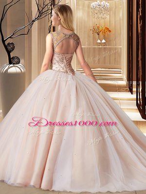 Scoop Peach Lace Up Quinceanera Dress Beading Sleeveless Brush Train