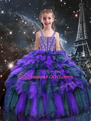Dramatic Straps Sleeveless Little Girls Pageant Gowns Floor Length Beading and Ruffles Eggplant Purple Tulle