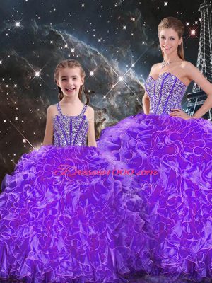 Nice Eggplant Purple Organza Lace Up Sweetheart Sleeveless Floor Length Quinceanera Dresses Beading and Ruffles