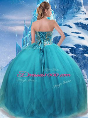 Decent Teal Ball Gowns Appliques Vestidos de Quinceanera Lace Up Tulle Sleeveless Floor Length