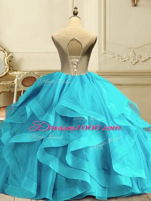 Lavender Ball Gowns Organza Scoop Sleeveless Appliques and Ruffles Floor Length Lace Up 15 Quinceanera Dress