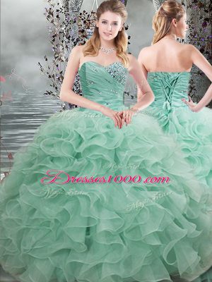 Glittering Apple Green Ball Gowns Organza Sweetheart Sleeveless Beading and Ruffles Floor Length Lace Up Quinceanera Dress
