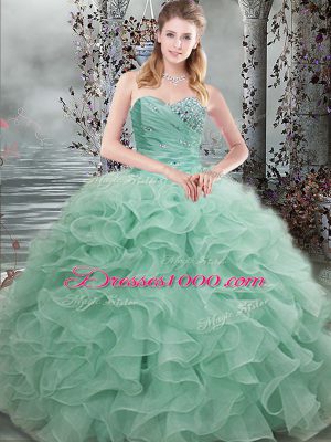 Glittering Apple Green Ball Gowns Organza Sweetheart Sleeveless Beading and Ruffles Floor Length Lace Up Quinceanera Dress