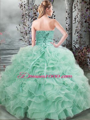 Glittering Apple Green Ball Gowns Organza Sweetheart Sleeveless Beading and Ruffles Floor Length Lace Up Quinceanera Dress