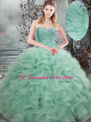 Glittering Apple Green Ball Gowns Organza Sweetheart Sleeveless Beading and Ruffles Floor Length Lace Up Quinceanera Dress