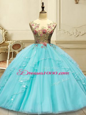 Romantic Sleeveless Tulle Floor Length Lace Up Vestidos de Quinceanera in Aqua Blue with Appliques