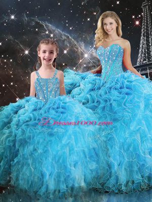 Perfect Aqua Blue Sleeveless Beading and Ruffles Floor Length Quinceanera Gown