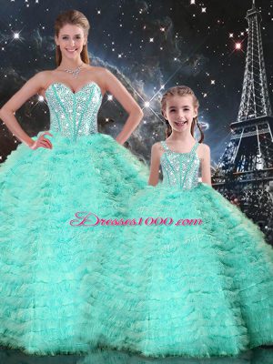 Edgy Sleeveless Tulle Floor Length Lace Up Quinceanera Dresses in Apple Green with Beading and Ruffles