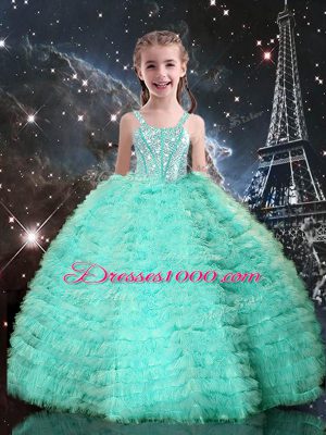 Edgy Sleeveless Tulle Floor Length Lace Up Quinceanera Dresses in Apple Green with Beading and Ruffles