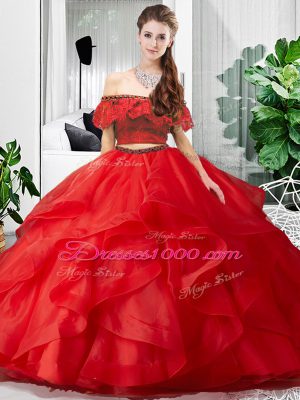 Red Sleeveless Floor Length Lace and Ruffles Lace Up Quinceanera Dresses