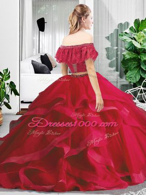 Red Sleeveless Floor Length Lace and Ruffles Lace Up Quinceanera Dresses