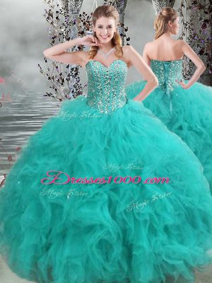 Stylish Turquoise Organza Lace Up Sweetheart Sleeveless Floor Length Quince Ball Gowns Beading and Ruffles