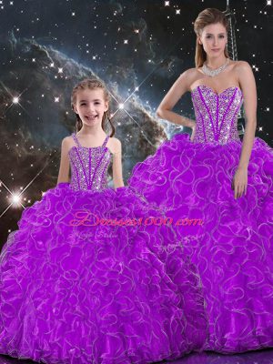 Hot Selling Purple Quinceanera Gowns Military Ball and Sweet 16 and Quinceanera with Beading and Ruffles Sweetheart Sleeveless Lace Up