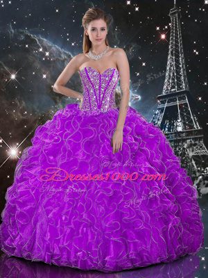 Hot Selling Purple Quinceanera Gowns Military Ball and Sweet 16 and Quinceanera with Beading and Ruffles Sweetheart Sleeveless Lace Up