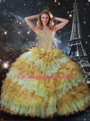 Perfect Sleeveless Lace Up Floor Length Beading and Ruffled Layers Sweet 16 Dress