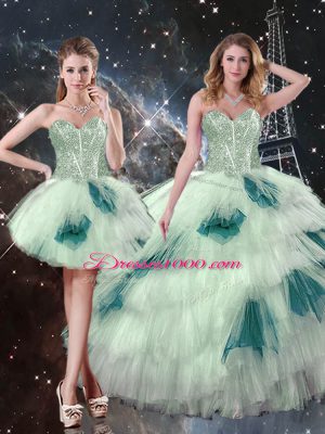 Unique Floor Length Lace Up 15 Quinceanera Dress Multi-color for Military Ball and Sweet 16 and Quinceanera with Beading and Ruffled Layers and Sequins
