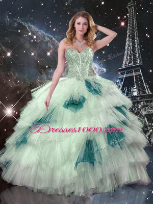 Unique Floor Length Lace Up 15 Quinceanera Dress Multi-color for Military Ball and Sweet 16 and Quinceanera with Beading and Ruffled Layers and Sequins
