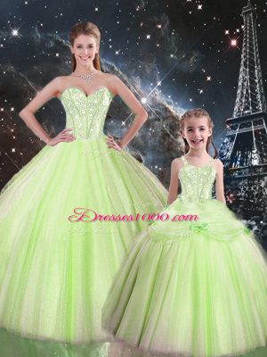 Modest Yellow Green Tulle Lace Up Sweetheart Sleeveless Floor Length Quinceanera Dress Beading