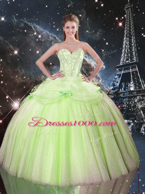 Modest Yellow Green Tulle Lace Up Sweetheart Sleeveless Floor Length Quinceanera Dress Beading