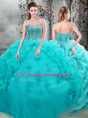 Noble Aqua Blue Sleeveless Organza Lace Up 15 Quinceanera Dress for Military Ball and Sweet 16 and Quinceanera