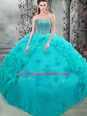 Noble Aqua Blue Sleeveless Organza Lace Up 15 Quinceanera Dress for Military Ball and Sweet 16 and Quinceanera