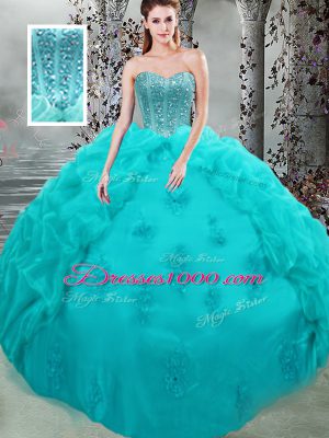 Noble Aqua Blue Sleeveless Organza Lace Up 15 Quinceanera Dress for Military Ball and Sweet 16 and Quinceanera