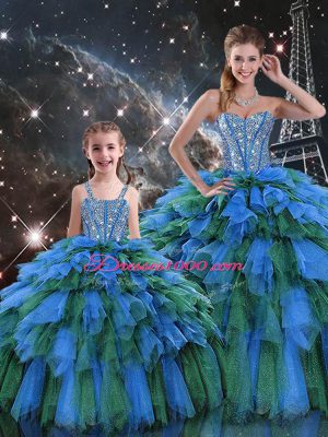 Cheap Floor Length Multi-color Quince Ball Gowns Organza Sleeveless Beading and Ruffles and Ruffled Layers