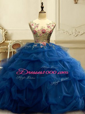 Navy Blue Lace Up Scoop Appliques and Ruffles and Sequins Vestidos de Quinceanera Organza Sleeveless
