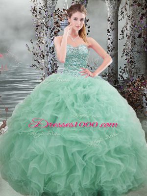 Apple Green Ball Gowns Sweetheart Sleeveless Organza Floor Length Lace Up Beading and Ruffles Sweet 16 Dress