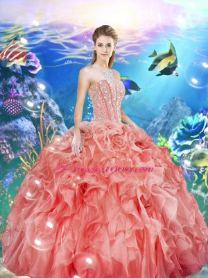 Watermelon Red Sweetheart Neckline Beading and Ruffles Vestidos de Quinceanera Sleeveless Lace Up