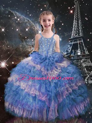 Stylish Sleeveless Organza Floor Length Lace Up Little Girl Pageant Gowns in Light Blue with Beading and Ruffled Layers