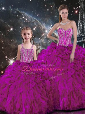 Pretty Fuchsia Organza Lace Up Quince Ball Gowns Sleeveless Floor Length Beading and Ruffles