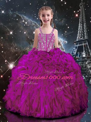 Pretty Fuchsia Organza Lace Up Quince Ball Gowns Sleeveless Floor Length Beading and Ruffles