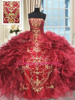 Organza Strapless Sleeveless Lace Up Appliques and Ruffles Sweet 16 Dresses in Wine Red