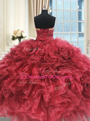 Organza Strapless Sleeveless Lace Up Appliques and Ruffles Sweet 16 Dresses in Wine Red