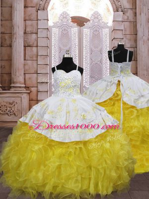 Gold Lace Up Little Girls Pageant Dress Wholesale Embroidery and Ruffles Sleeveless Brush Train