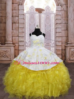 Gold Lace Up Little Girls Pageant Dress Wholesale Embroidery and Ruffles Sleeveless Brush Train