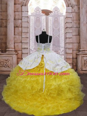 Gold Lace Up Little Girls Pageant Dress Wholesale Embroidery and Ruffles Sleeveless Brush Train
