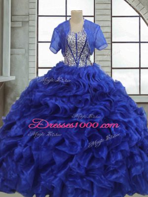 Short Sleeves Floor Length Ruffles Lace Up Quinceanera Dresses with Royal Blue