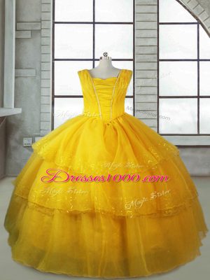 Eye-catching V-neck Sleeveless Lace Up Child Pageant Dress Gold Organza