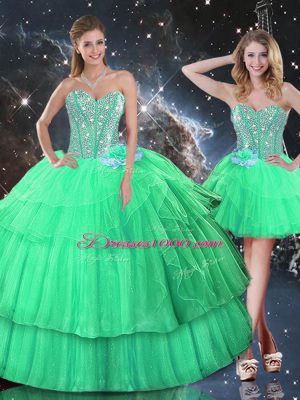 Hot Sale Apple Green Quinceanera Gowns Military Ball and Sweet 16 and Quinceanera with Ruffled Layers and Sequins Sweetheart Sleeveless Lace Up