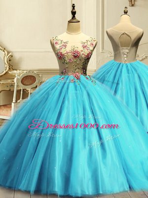 Charming Tulle Scoop Sleeveless Lace Up Appliques and Sequins Sweet 16 Dress in Aqua Blue