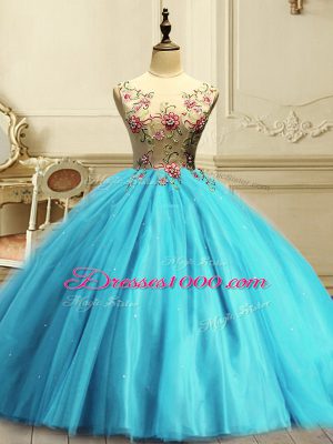 Charming Tulle Scoop Sleeveless Lace Up Appliques and Sequins Sweet 16 Dress in Aqua Blue