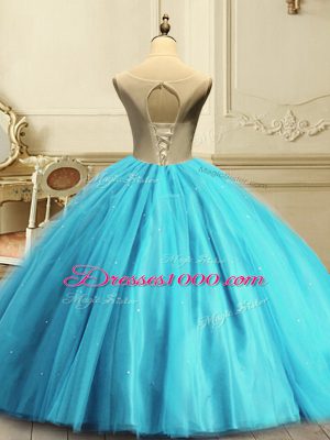 Charming Tulle Scoop Sleeveless Lace Up Appliques and Sequins Sweet 16 Dress in Aqua Blue