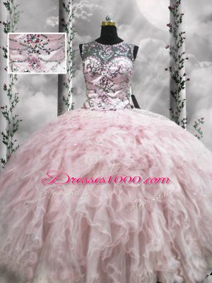 Fashion Ball Gowns Quinceanera Dresses Pink Scoop Tulle Sleeveless Floor Length Zipper